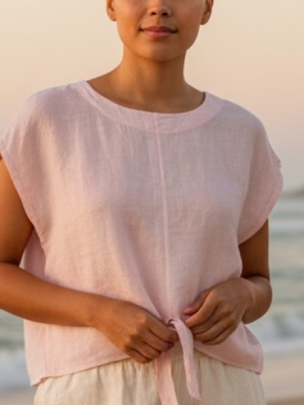 CHARLIE B linen top, cap sleeves, light pink, tie at hem, boxy fit size medium